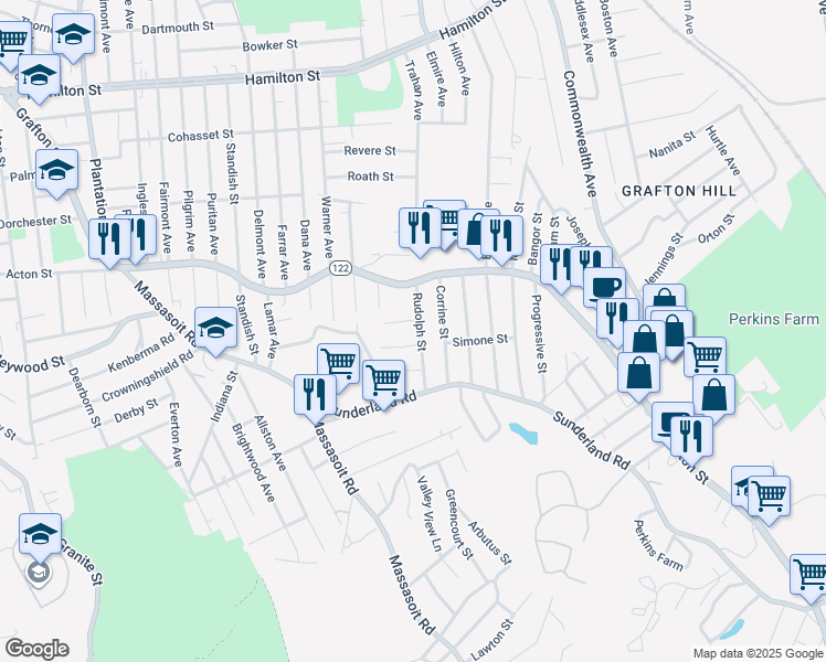 map of restaurants, bars, coffee shops, grocery stores, and more near 15 Rudolph Street in Worcester