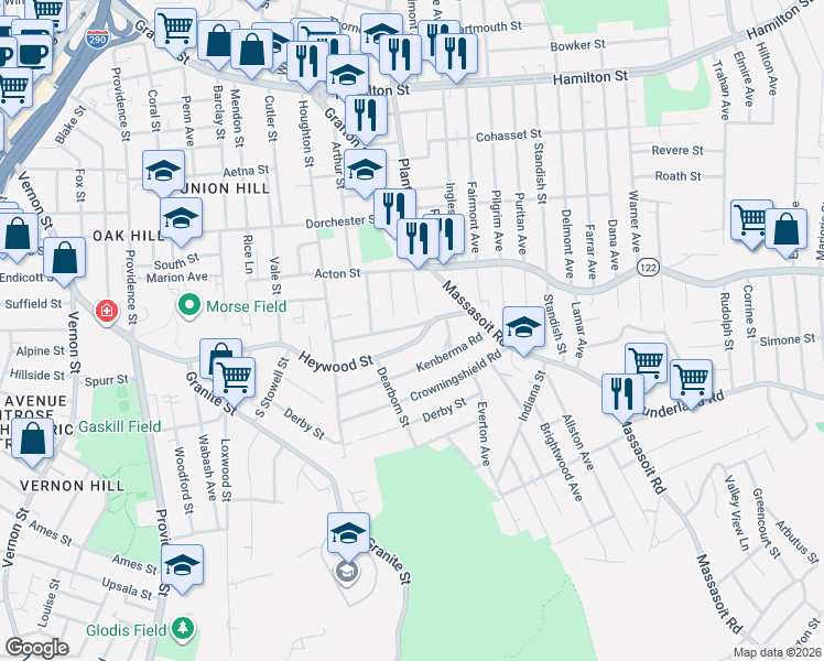 map of restaurants, bars, coffee shops, grocery stores, and more near 144 Heywood Street in Worcester