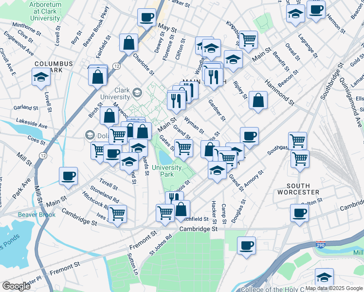 map of restaurants, bars, coffee shops, grocery stores, and more near 4 Albert Street in Worcester