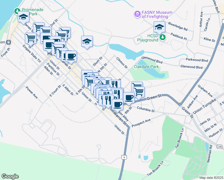 map of restaurants, bars, coffee shops, grocery stores, and more near 558 Columbia Street in Hudson