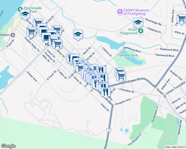 map of restaurants, bars, coffee shops, grocery stores, and more near 558 Columbia Street in Hudson