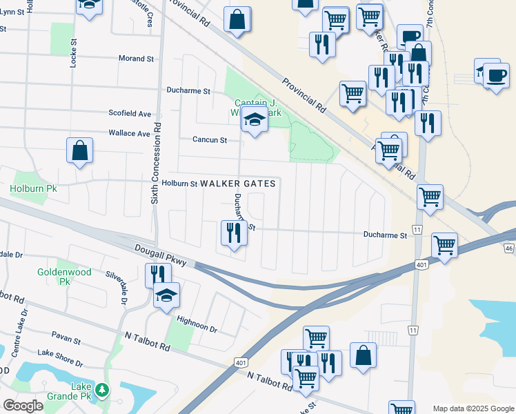map of restaurants, bars, coffee shops, grocery stores, and more near 4668 Osaka Circle in Windsor