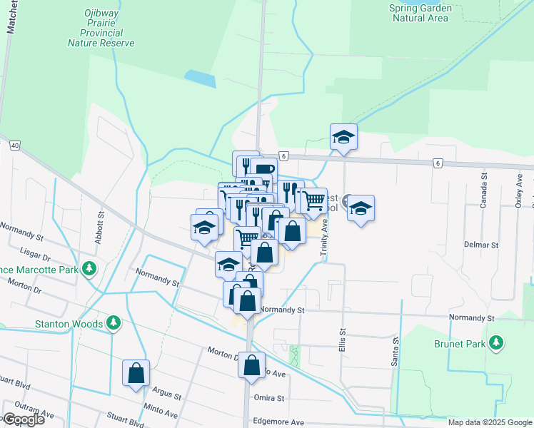 map of restaurants, bars, coffee shops, grocery stores, and more near 5844 Delmar Street in Windsor