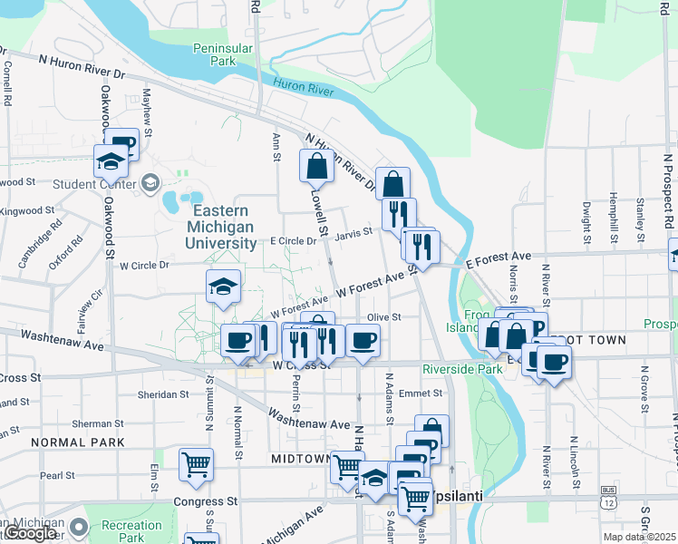 map of restaurants, bars, coffee shops, grocery stores, and more near 718 Lowell Street in Ypsilanti