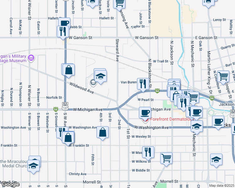 map of restaurants, bars, coffee shops, grocery stores, and more near 512 Wildwood Avenue in Jackson