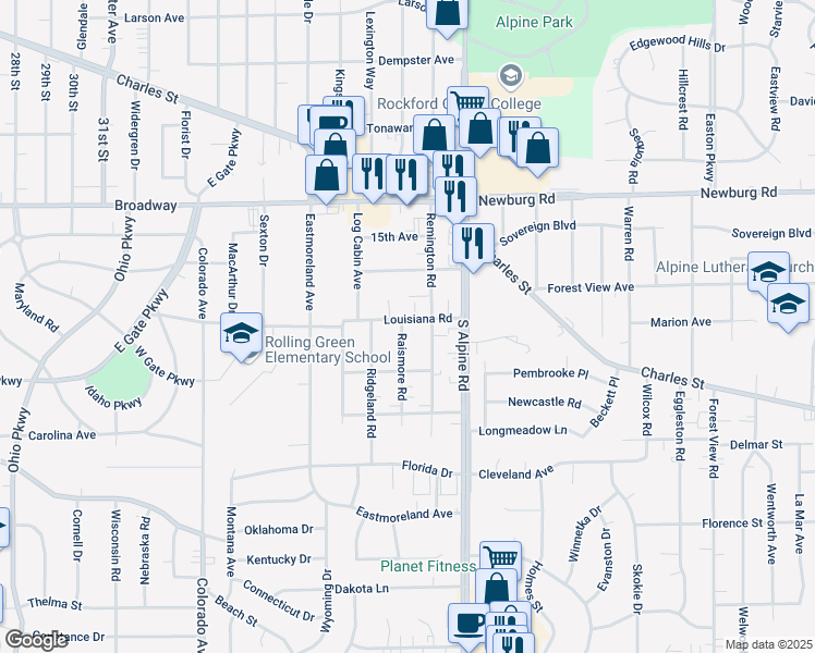 map of restaurants, bars, coffee shops, grocery stores, and more near 1804 Raismore Road in Rockford