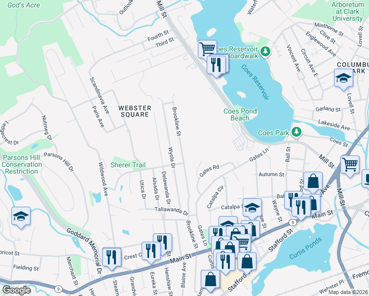 map of restaurants, bars, coffee shops, grocery stores, and more near 132 Brookline Street in Worcester