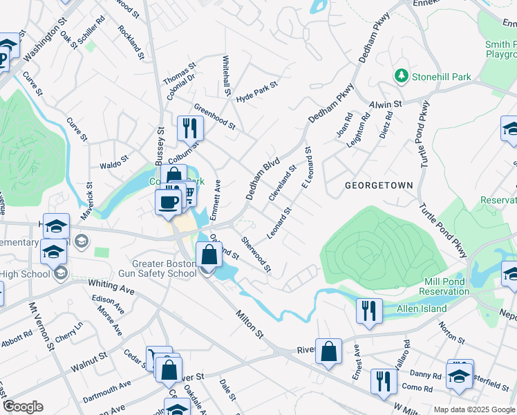 map of restaurants, bars, coffee shops, grocery stores, and more near 10 Birch Street in Dedham
