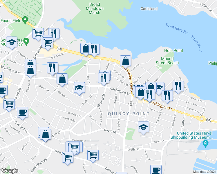 map of restaurants, bars, coffee shops, grocery stores, and more near 390 Washington Street in Quincy