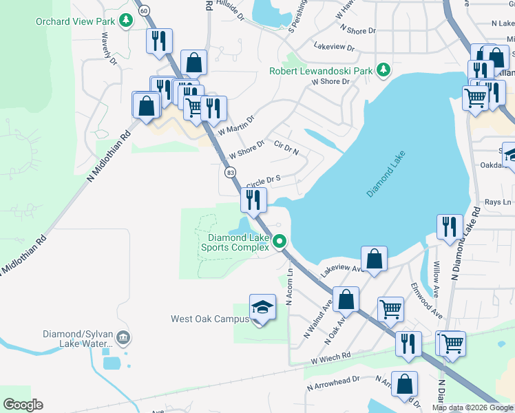 map of restaurants, bars, coffee shops, grocery stores, and more near 26571 Route 83 in Mundelein