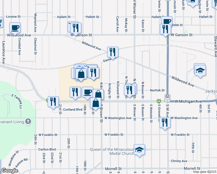 map of restaurants, bars, coffee shops, grocery stores, and more near 120 North Higby Street in Jackson