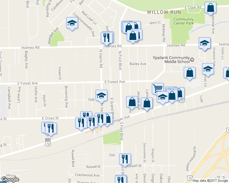 map of restaurants, bars, coffee shops, grocery stores, and more near 554 East Grand Boulevard in Ypsilanti