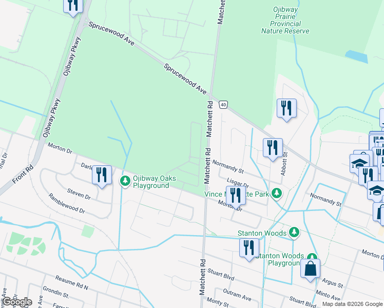 map of restaurants, bars, coffee shops, grocery stores, and more near 5980 Ballantrae Crescent in Windsor