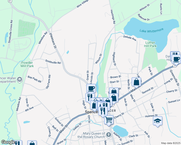 map of restaurants, bars, coffee shops, grocery stores, and more near 25 Lincoln Street in Spencer