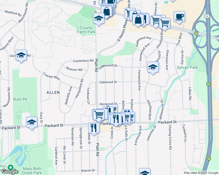 map of restaurants, bars, coffee shops, grocery stores, and more near 2643 Elmwood Avenue in Ann Arbor