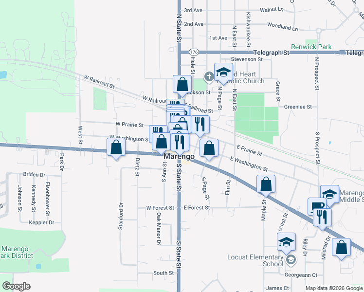 map of restaurants, bars, coffee shops, grocery stores, and more near in Marengo