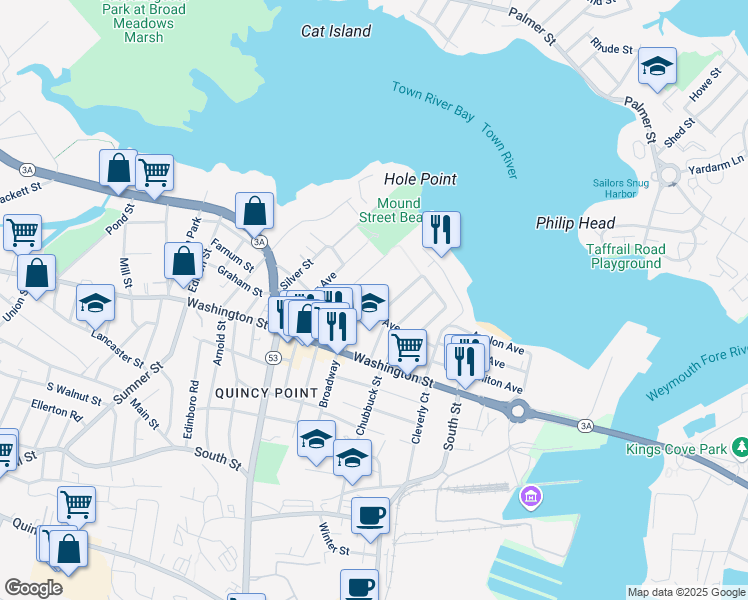 map of restaurants, bars, coffee shops, grocery stores, and more near 15 Nevada Road in Quincy