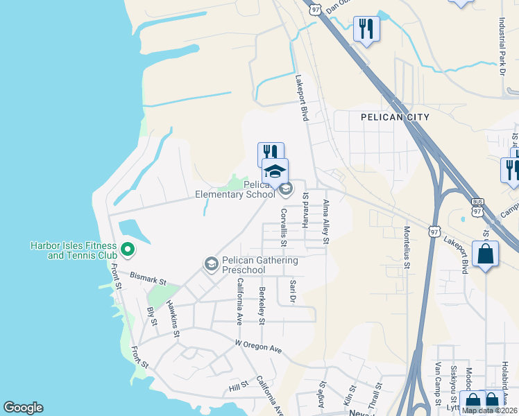 map of restaurants, bars, coffee shops, grocery stores, and more near 545 Hanks Street in Klamath Falls