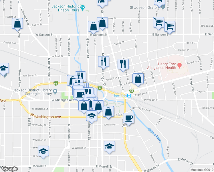 map of restaurants, bars, coffee shops, grocery stores, and more near 205 Francis Street in Jackson