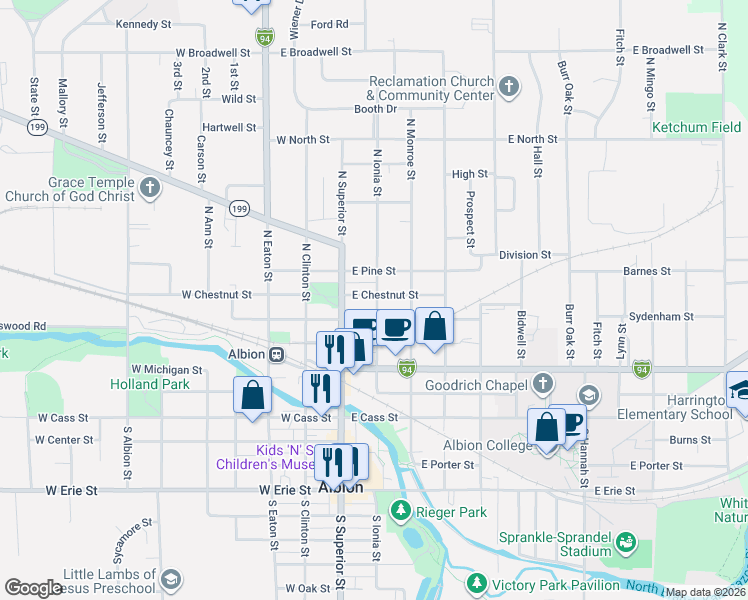 map of restaurants, bars, coffee shops, grocery stores, and more near 120 East Chestnut Street in Albion