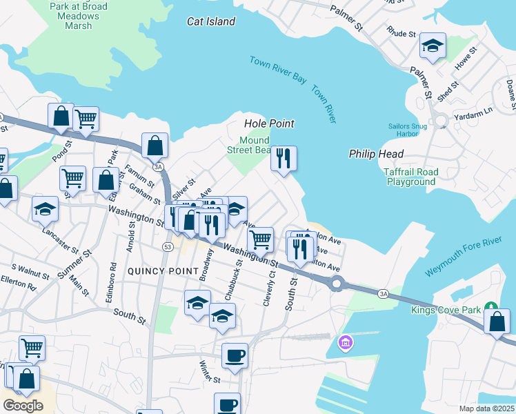map of restaurants, bars, coffee shops, grocery stores, and more near 27 Beechwood Street in Quincy
