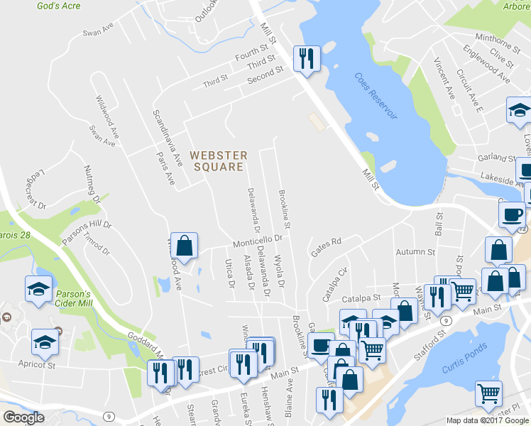 map of restaurants, bars, coffee shops, grocery stores, and more near 55 Wyola Drive in Worcester