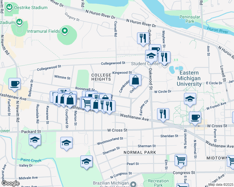 map of restaurants, bars, coffee shops, grocery stores, and more near 1302 Roosevelt Street in Ypsilanti