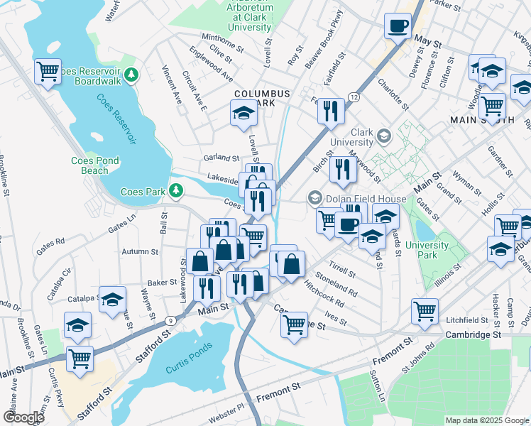 map of restaurants, bars, coffee shops, grocery stores, and more near 589 Park Avenue in Worcester