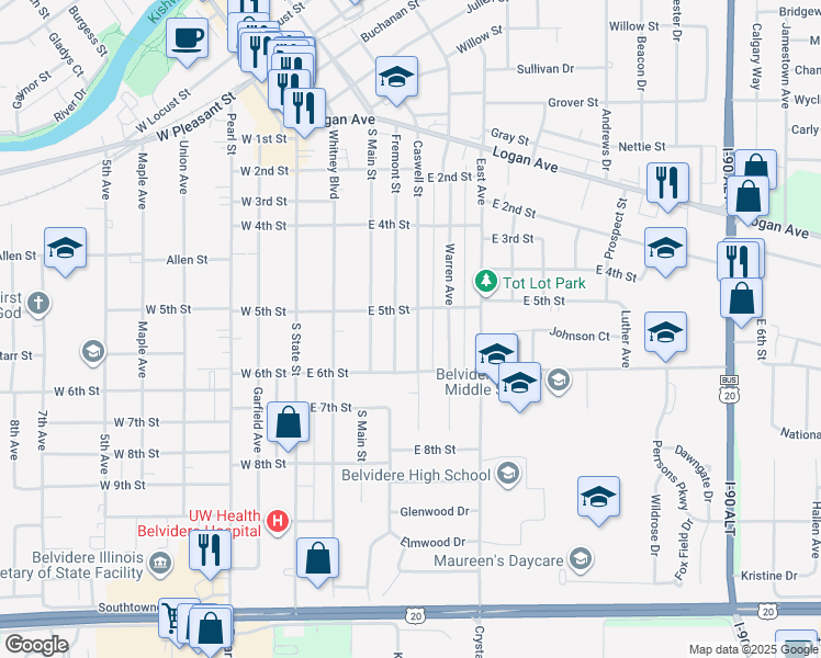 map of restaurants, bars, coffee shops, grocery stores, and more near 1115 Caswell Street in Belvidere
