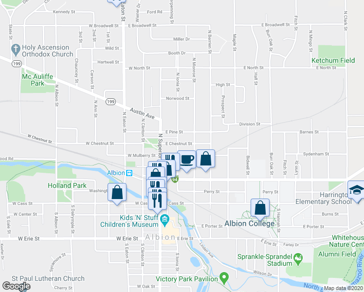 map of restaurants, bars, coffee shops, grocery stores, and more near 206 East Chestnut Street in Albion
