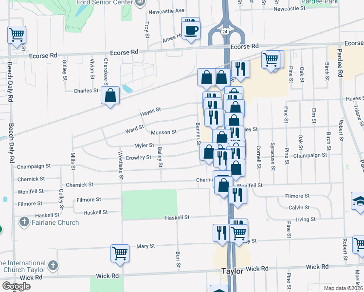 map of restaurants, bars, coffee shops, grocery stores, and more near 24365 Myler Street in Taylor
