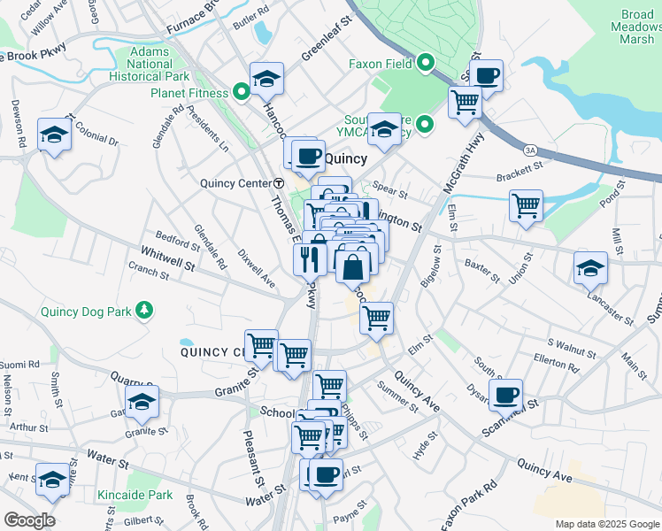 map of restaurants, bars, coffee shops, grocery stores, and more near 1441 Hancock Street in Quincy