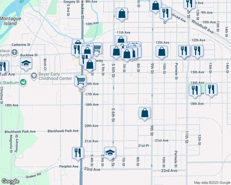 map of restaurants, bars, coffee shops, grocery stores, and more near 1728 South 6th Street in Rockford