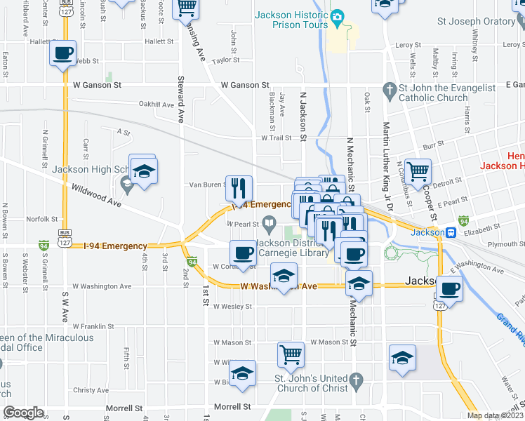 map of restaurants, bars, coffee shops, grocery stores, and more near 209 North Blackstone Street in Jackson