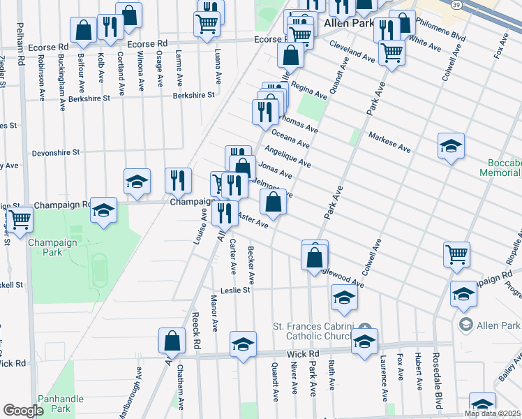 map of restaurants, bars, coffee shops, grocery stores, and more near 15787 Champaign Road in Allen Park