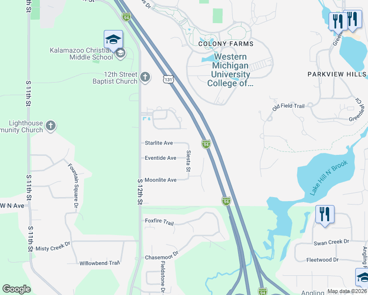 map of restaurants, bars, coffee shops, grocery stores, and more near 4203 Siesta Street in Kalamazoo