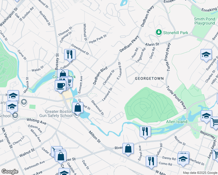 map of restaurants, bars, coffee shops, grocery stores, and more near 61 Fleming Street in Dedham
