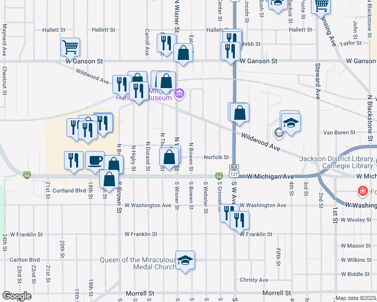 map of restaurants, bars, coffee shops, grocery stores, and more near 206 North Bowen Street in Jackson