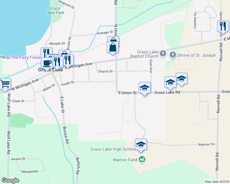 map of restaurants, bars, coffee shops, grocery stores, and more near 336 South Union Street in Grass Lake