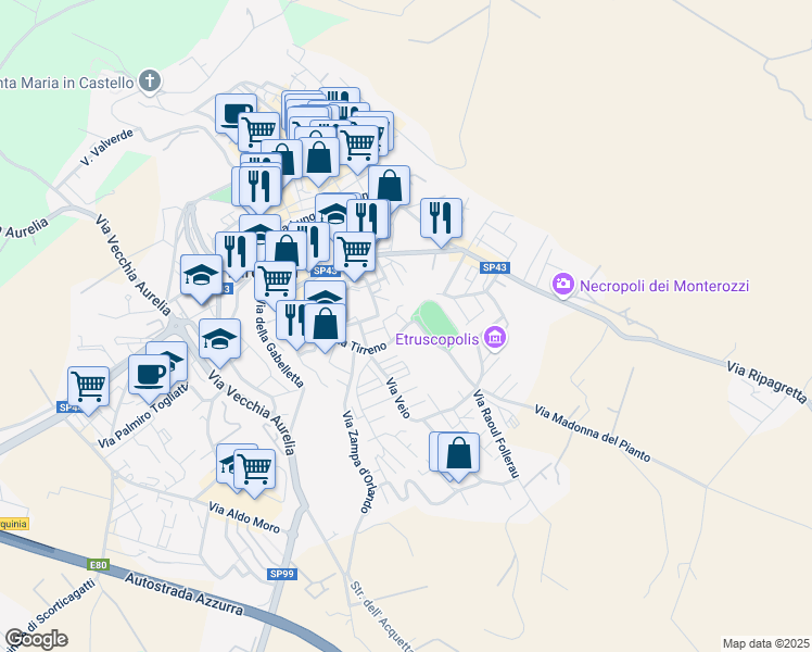 map of restaurants, bars, coffee shops, grocery stores, and more near 62 Via Tirreno in Tarquinia