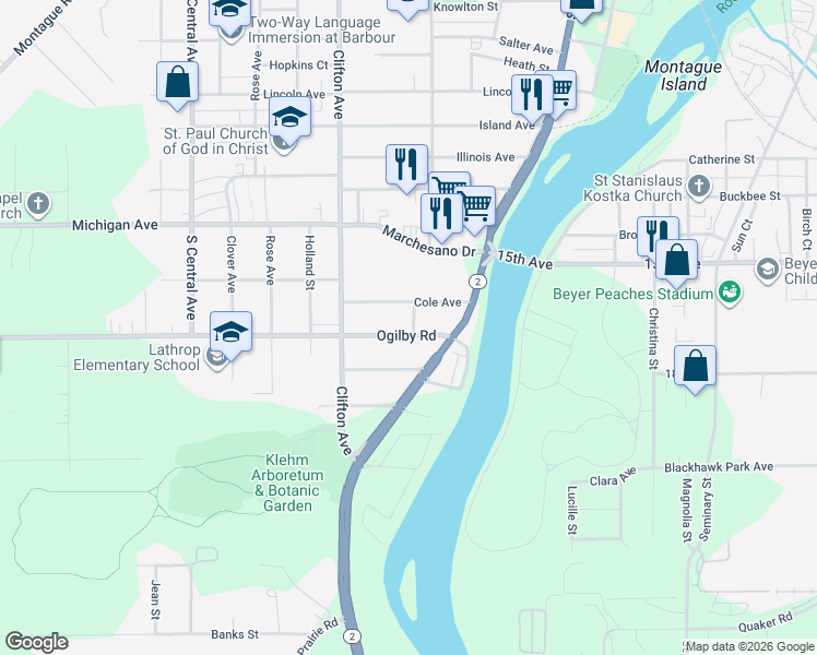 map of restaurants, bars, coffee shops, grocery stores, and more near 301 Ogilby Road in Rockford