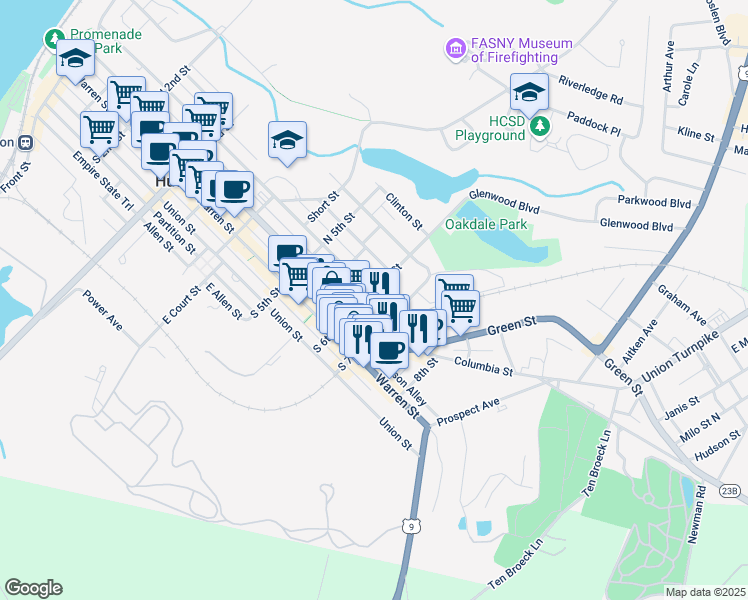 map of restaurants, bars, coffee shops, grocery stores, and more near 618 State Street in Hudson