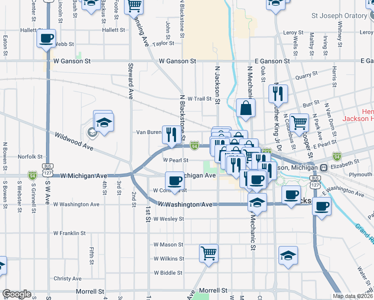 map of restaurants, bars, coffee shops, grocery stores, and more near 209 North Blackstone Street in Jackson