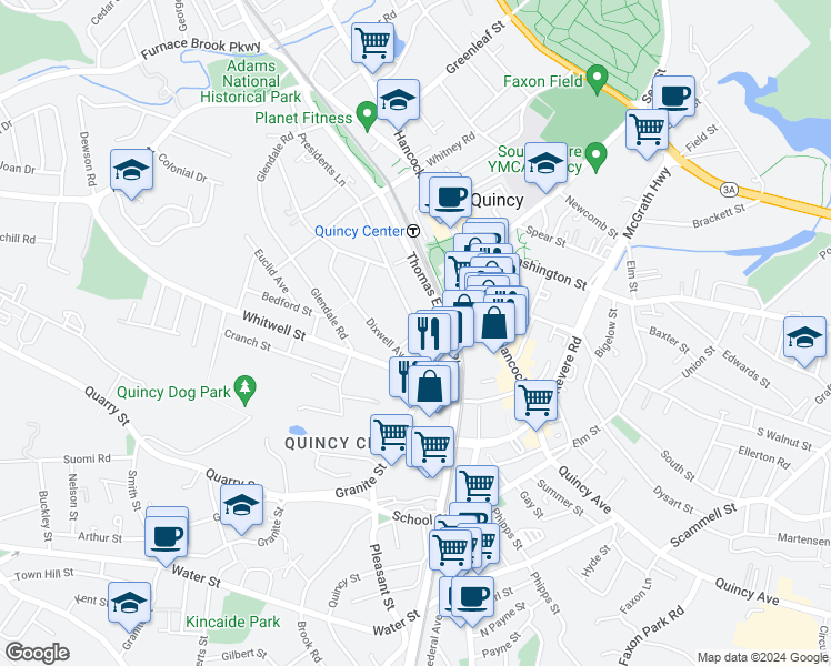 map of restaurants, bars, coffee shops, grocery stores, and more near Presidents Ln & Lawton Rd in Quincy