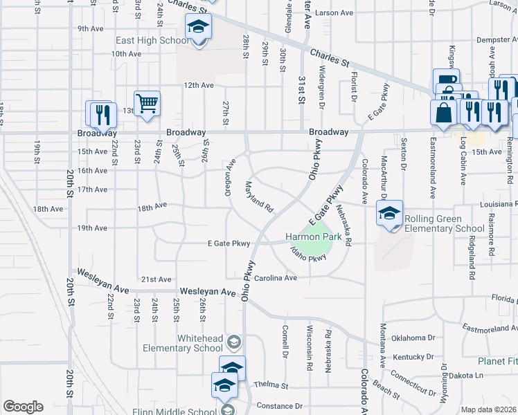 map of restaurants, bars, coffee shops, grocery stores, and more near 3215 Maryland Road in Rockford