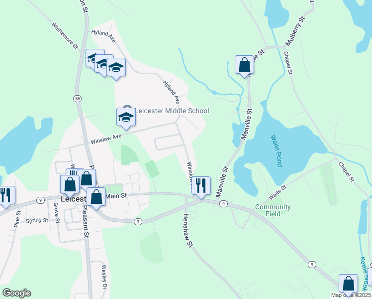 map of restaurants, bars, coffee shops, grocery stores, and more near 70 Winslow Avenue in Leicester