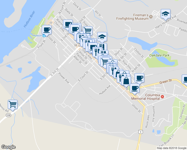 map of restaurants, bars, coffee shops, grocery stores, and more near 437 East Allen Street in Hudson
