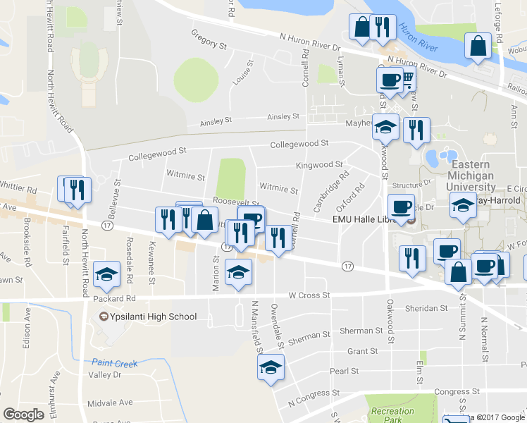 map of restaurants, bars, coffee shops, grocery stores, and more near 640 Mansfield Street in Ypsilanti
