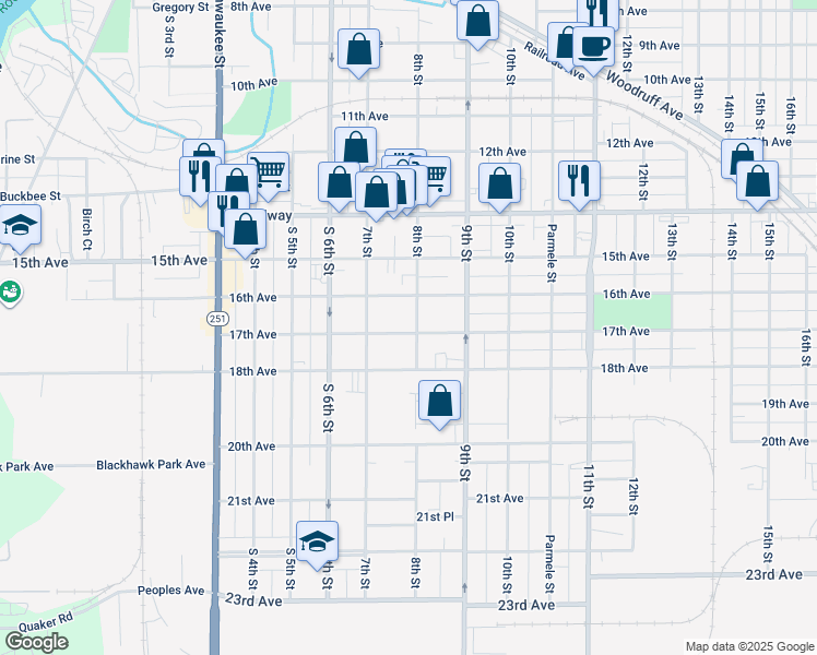 map of restaurants, bars, coffee shops, grocery stores, and more near 1727 8th Street in Rockford
