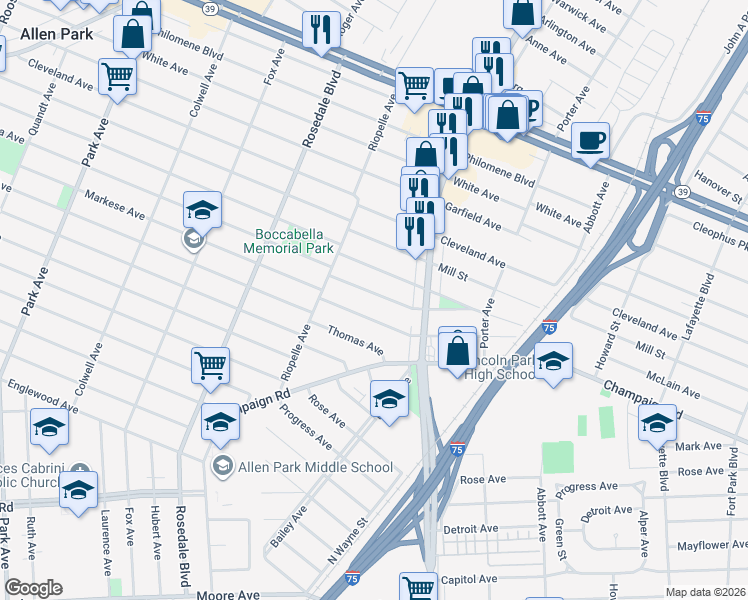 map of restaurants, bars, coffee shops, grocery stores, and more near 2043 Regina Avenue in Lincoln Park